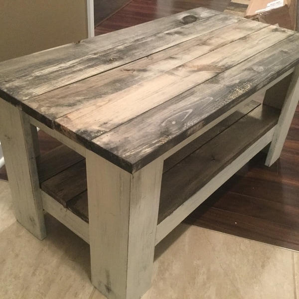 Primitive distressed white with barnwood shelves solid wood coffee table
