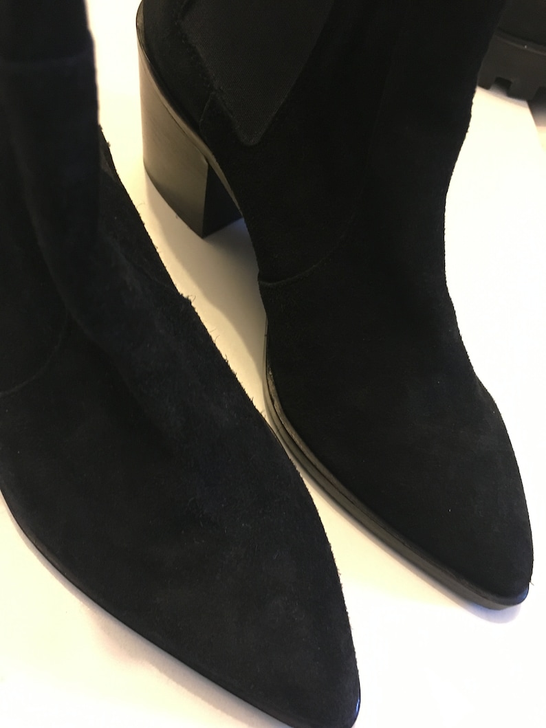100/% suede thick heel ankle booties