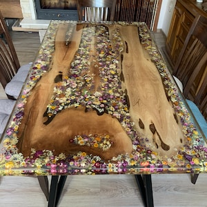 Custom made Handmade Wood and resin dining rustic table Epoxy Wood Resin Clear Table, Epoxy Walnut Dining Table