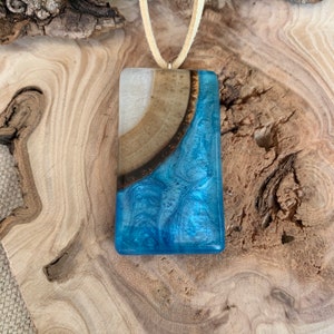 Unique, handmade, Resin, wood, necklace, resin wood jewelry, reclaimed wood, epoxy resin, beautiful hand crafted gift, blue white