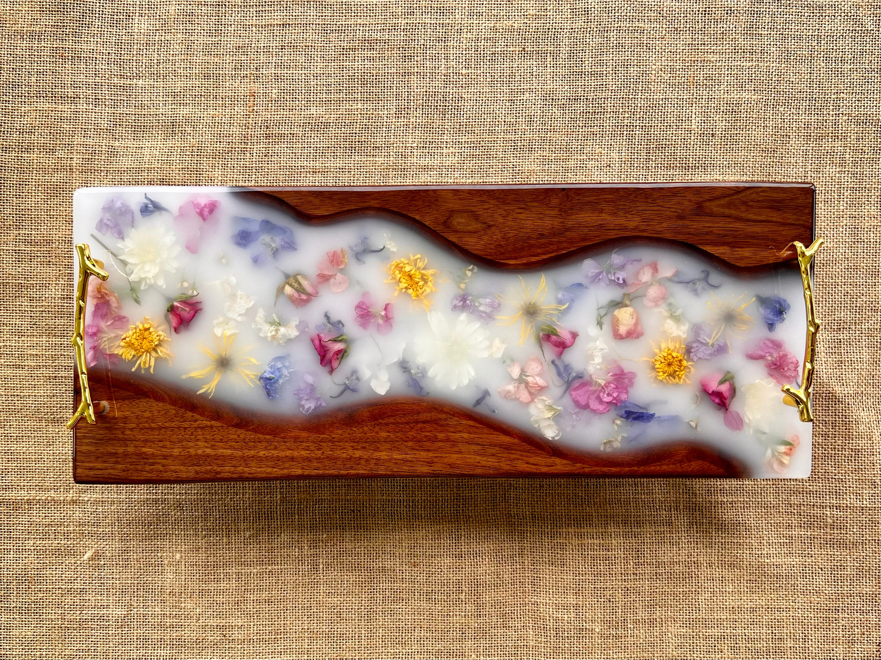 Handmade Walnut Cutting Board: Epoxy Resin Daisies Serving Board