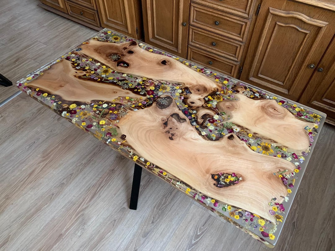 Unique Flower Design Coffee Table Epoxy Resin, Organic Walnut Tree
