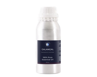Könnte beinhalten: Eine silberne Flasche mit weißem Verschluss, beschriftet mit "GALANGAL Kaempferia Galanga 100% reines ätherisches Öl Würzig".
