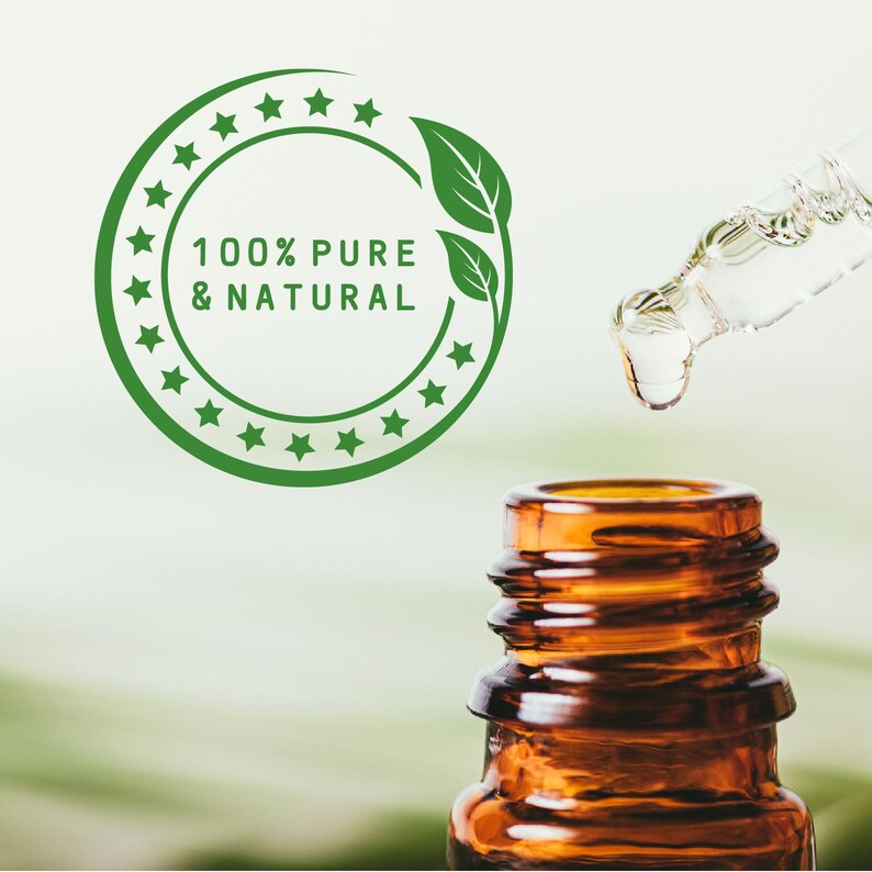 May include: A clear glass dropper dispensing a liquid drop into an open amber glass bottle. Above the bottle, a circular green graphic features a ring of stars, two leaves, and the text 100% PURE & NATURAL in a clean, sans-serif font.