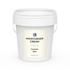 May include: A white plastic bucket with a handle, labeled "MOISTURISER CREAM." The label also states "Paraben-free" and "Cosmetic Base." The bucket contains 1 kg (35.27 oz.) of product. The brand logo is visible on the label.