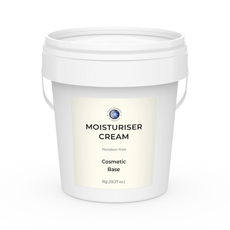 May include: A white plastic bucket with a handle, labeled "MOISTURISER CREAM." The label also states "Paraben-free" and "Cosmetic Base." The bucket contains 1 kg (35.27 oz.) of product. The brand logo is visible on the label.