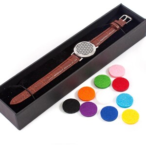 Mystic Moments | Dharma Wheel | Aromatherapy Oil Diffuser Bracelet with Adjustable Brown Leather Strap