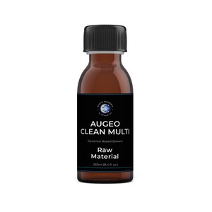 May include: A brown glass bottle with a black cap and a black label. The label reads "AUGEO CLEAN MULTI" and "Raw Material". The bottle contains 250ml (8.4 fl. oz.) of a glycerine-based solvent.