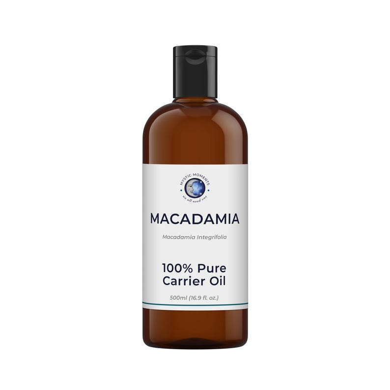 May include: A brown plastic bottle with a black flip-top cap containing 500ml (16.9 fl. oz.) of 100% Pure Macadamia Carrier Oil. The white label features the text Mystic Moments, Macadamia, Macadamia Integrifolia, and 100% Pure Carrier Oil.