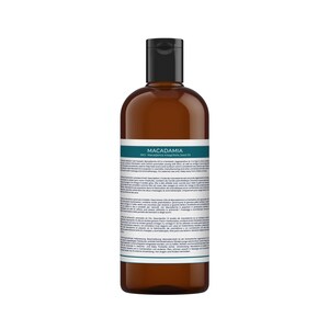 May include: A brown plastic bottle with a black flip-top cap containing Macadamia Integrifolia Seed Oil. The label features a teal header with the text MACADAMIA and detailed product information printed in multiple languages below it.