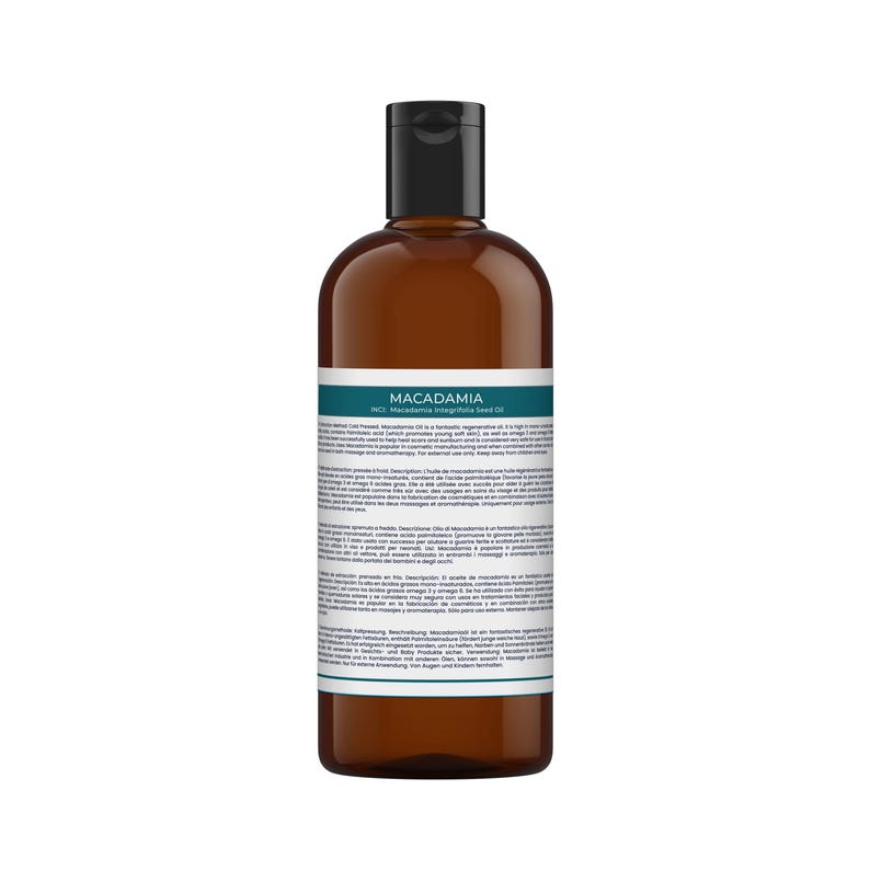 May include: A brown plastic bottle with a black flip-top cap containing Macadamia Integrifolia Seed Oil. The label features a teal header with the text MACADAMIA and detailed product information printed in multiple languages below it.