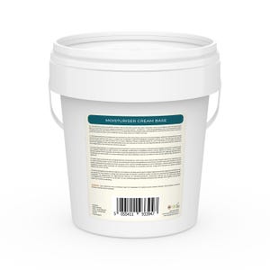 May include: A white plastic bucket with a handle, labeled "MOISTURISER CREAM BASE" in teal. The bucket has a lid and a label with text and a barcode. The product is likely a cosmetic cream base.