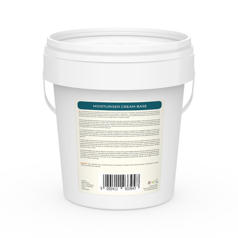 May include: A white plastic bucket with a handle, labeled "MOISTURISER CREAM BASE" in teal. The bucket has a lid and a label with text and a barcode. The product is likely a cosmetic cream base.