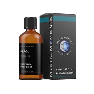 May include: A brown glass bottle with a black cap and label, next to a black box. The label reads "NEROL, Fragrance Ingredient, 100ml (3.38 fl. oz.)". The box has the text "MYSTIC MOMENTS" and a moon graphic. The bottle contains 100ml of liquid.