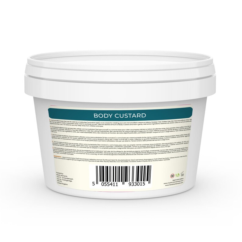 Puede incluir: Tubo de pl&aacute;stico blanco con un c&oacute;digo de barras en blanco y negro y el texto "BODY CUSTARD" en la etiqueta. La etiqueta tambi&eacute;n incluye instrucciones de uso e ingredientes.