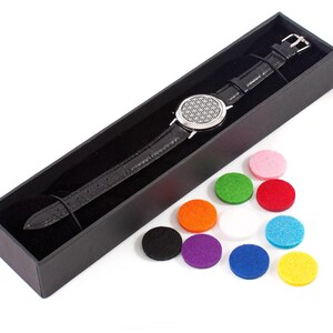 Mystic Moments | Dharma Wheel | Aromatherapy Oil Diffuser Bracelet with Adjustable Black Leather Strap