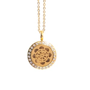 Dharma Wheel | Aromatherapy Oil Diffuser Gold Necklace Locket with Pad
