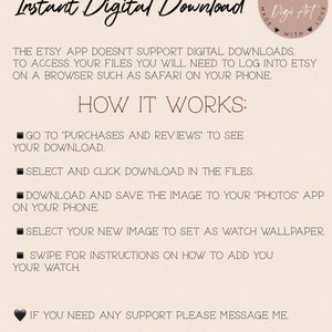 May include: A digital download instruction guide with the text "Instant Digital Download" and "How It Works:"  The guide explains how to access digital downloads on Etsy using a web browser.