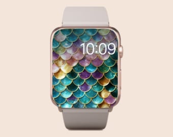 Fondo de pantalla de Apple Watch con escalas de sirena, fondo de pantalla brillante de Apple Watch con cola de sirena, accesorios texturizados de Apple, diseño brillante de la cara del Apple Watch