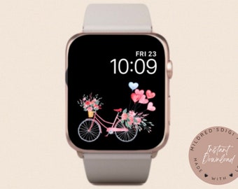Esfera floral del reloj de la bicicleta de San Valentín para Apple Watch, fondos de pantalla hermosos del reloj de la bicicleta del corazón del amor, esfera del reloj del corazón del amor