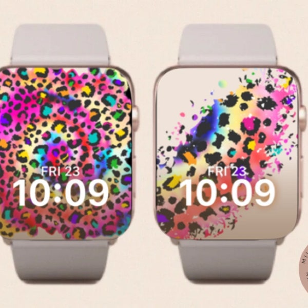 Rainbow leopard Print Watch Face Duo For Apple Watch, Set of 2 Animal Pattern Watch Wallpapers, Leopard print Apple Watch Face,Rainbow Watch