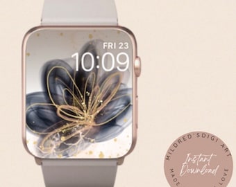 Watercolor Flower Apple Watch Wallpaper: Minimalist Black & Gold (Digital Download)
