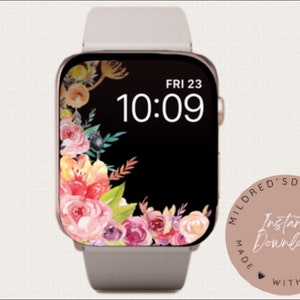 Carta da parati floreale nera per orologio, fiori su sfondo nero per Apple Watch, quadrante con bellissimi fiori luminosi, schermata di blocco Apple Watch