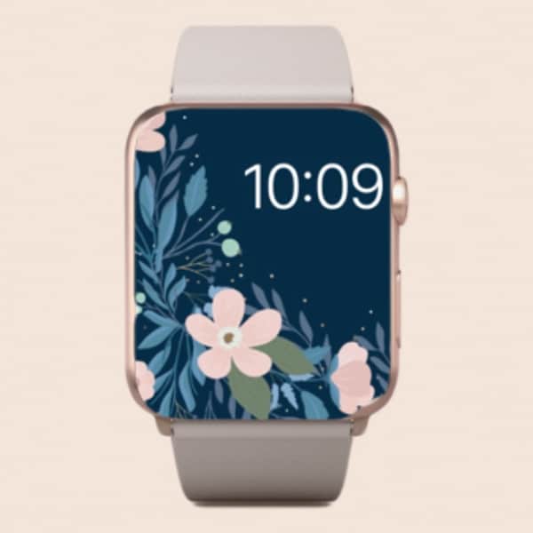 Aquarelle fleurs papier peint minimal pour Apple Watch, fond de montre bleu marine, accessoires Apple Watch, Apple Watch, conception du visage Apple Watch