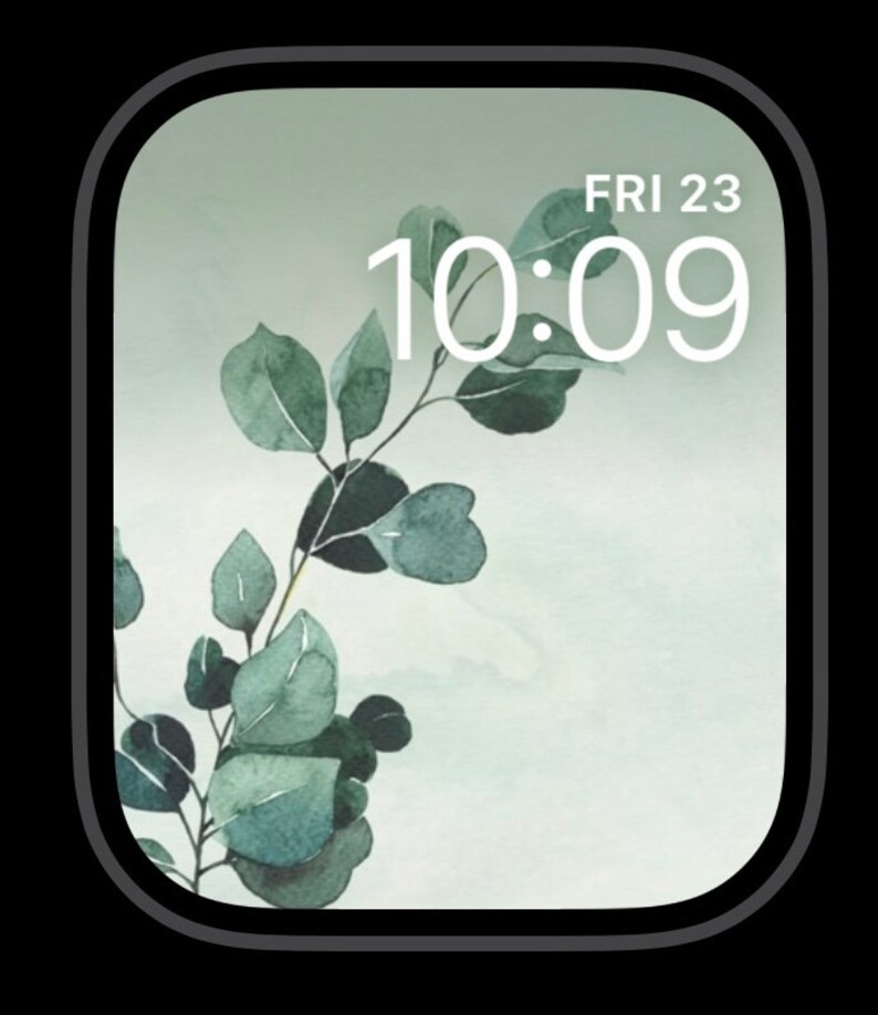 May include: A digital clock face with a white background and green foliage. The time is 10:09 and the day is Friday the 23rd.