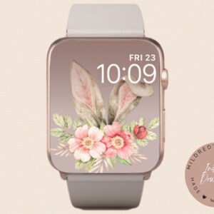 Sfondo dell'orologio con orecchie da coniglio pasquale, sfondo dell'Apple Watch, download digitale istantaneo del quadrante dell'orologio pasquale pastello