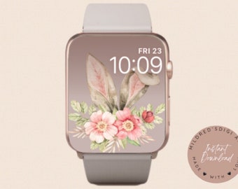 Fondo de pantalla del reloj Easter Bunny Ears, Fondo de Apple Watch, Pastel Easter Watch Face Descarga digital instantánea