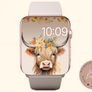May include: A digital watch face with a white background and a brown and white cow with a floral crown. The time is 10:09.