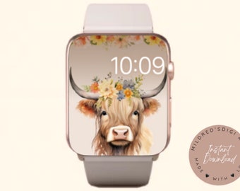 Papier peint montre vache Highland pour Apple Watch, arrière-plan montre vache mignonne, écran de verrouillage montre vache vache écossaise, jolie vache poilue brune, Highland roucoulant