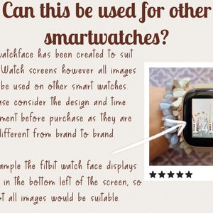 May include: A smartwatch with a floral watch face design. The text on the screen reads "1:41 APR 28". The text "Can this be used for other smartwatches?" is visible at the top of the image. The text below the image reads "The watchface has been created to suit Apple Watch screens however all images can be used on other smart watches. Please consider the design and time placement before purchase as they are different from brand to brand. For example the fitbit watch face displays the time in the bottom left of the screen, so not all images would be suitable."