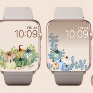 秋の Apple Watch 壁紙デュオ、スマートウォッチの背景、デジタルウォッチの文字盤、秋の壁紙セット、青と緑のカボチャのハロウィン フラワー デザイン