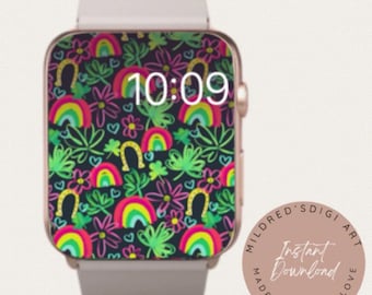 Fondo de pantalla del Apple Watch del Día de San Patricio, fondo mínimo de la esfera del Apple Watch del Día de San Patricio, trébol arcoíris en la esfera, esfera del reloj irlandés