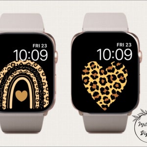 Set di 2 sfondi minimali per Apple Watch con stampa leopardata, sfondo per orologio arcobaleno con cuore d'amore, accessori per Apple Watch, design del quadrante di Apple Watch