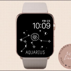 以下が含まれることがあります： 星座のデザインと「AQUARIUS」と「FRI 23 10:09」のテキストが書かれた白黒のApple Watchの文字盤です。