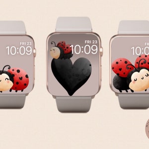 Pacchetto quadranti per orologio Lady Bug Valentines per Apple Watch, set di 3 sfondi per orologio con graziose coccinelle, bellissimi quadranti per orologio a forma di cuore,