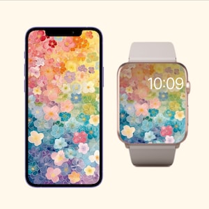 Économiseur d'écran pour iPhone et fond d'écran pour montre, fleurs aquarelles, fond d'écran minimal pour Apple et arrière-plan pour montre, lot de 2 accessoires Apple Watch