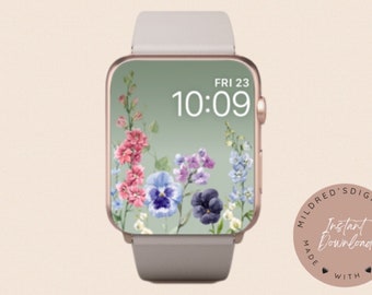Sage Green Floral Apple Watch Wallpaper: Watercolor Wildflowers (Digital Download)