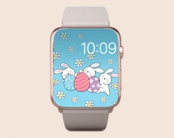 Conejitos de Pascua ver fondo de pantalla, lindo conejito de Pascua Apple Watch fondo, cara del reloj de Pascua pastel, fondo de pantalla de conejo, descarga digital instantánea