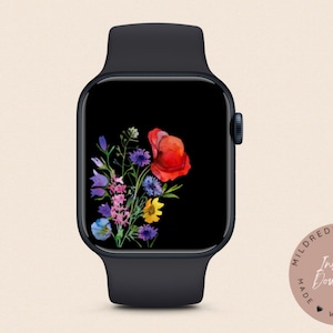 Fiori minimali su sfondo nero Carta da parati Apple Watch, accessori Apple Watch, design Apple Watch, design floreale nero del quadrante Apple Watch