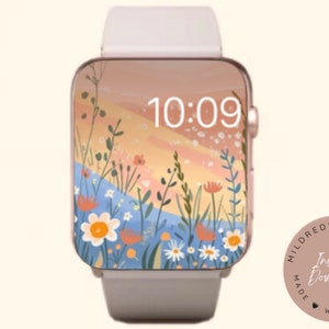 Könnte beinhalten: Ein digitales Zifferblatt mit einem rosafarbenen Armband und einem floralen Design. Das Zifferblatt zeigt die Zeit 10:09 an. Der Hintergrund ist ein Farbverlauf von Orange, Gelb und Blau. Das Design umfasst Blumen, Blätter und Stiele.