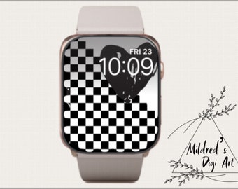 Fondo de Apple Watch a cuadros, esfera de reloj en blanco y negro, calado a bordo de la pantalla de bloqueo del reloj