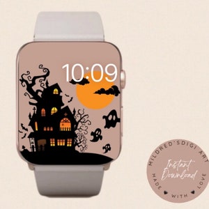 Sfondo spettrale dell'orologio autunnale, sfondo dell'orologio della casa infestata, quadrante dell'orologio spaventoso della casa fantasma e della strega, design del quadrante dell'orologio autunnale per Apple Watch
