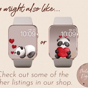 May include: Two Apple Watch faces with panda bear designs. The first face features a panda bear sleeping with three red hearts. The second face features a panda bear holding a red heart. Both faces display the time as 10:09 and the day as Friday 23.