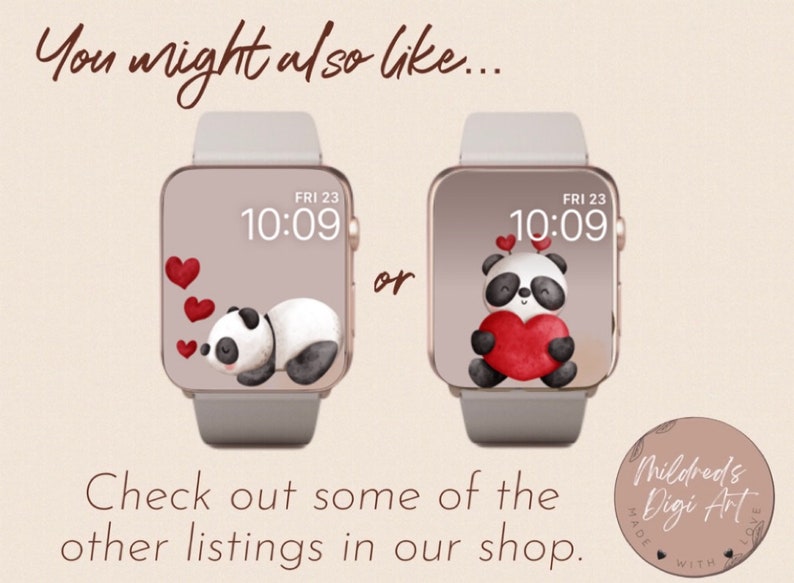 May include: Two Apple Watch faces with panda bear designs. The first face features a panda bear sleeping with three red hearts. The second face features a panda bear holding a red heart. Both faces display the time as 10:09 and the day as Friday 23.