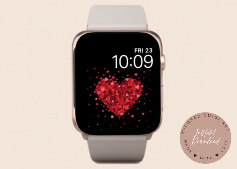 May include: A digital watch face with a black background and a large red heart made of smaller hearts. The time is 10:09 and the date is FRI 23. The watch has a light gray band.