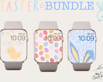 3 Cute Easter Bundle Apple Watch Background Pastel Easter Watch Face Instant Digital Download Easter Rabbit, Chick and Egg Easter Wallpaper